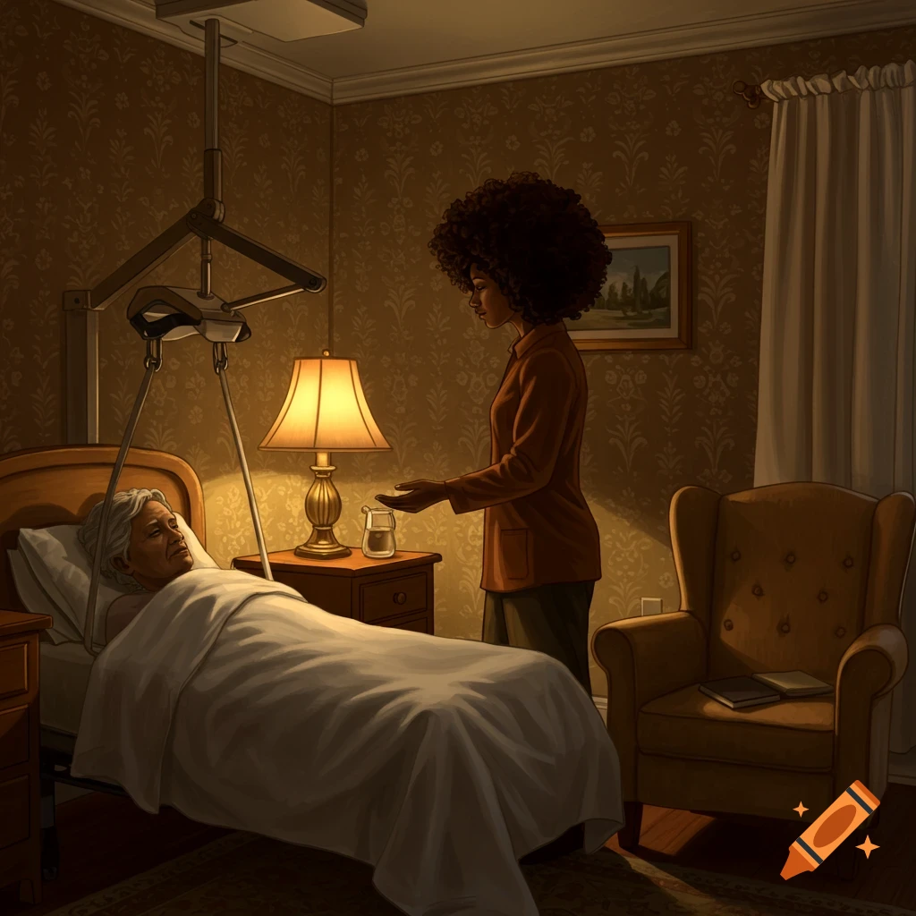 An illustrative image of a Black woman caretaker offering water to an elderly person in a dimly lit bedroom, with a patient lift above the bed.