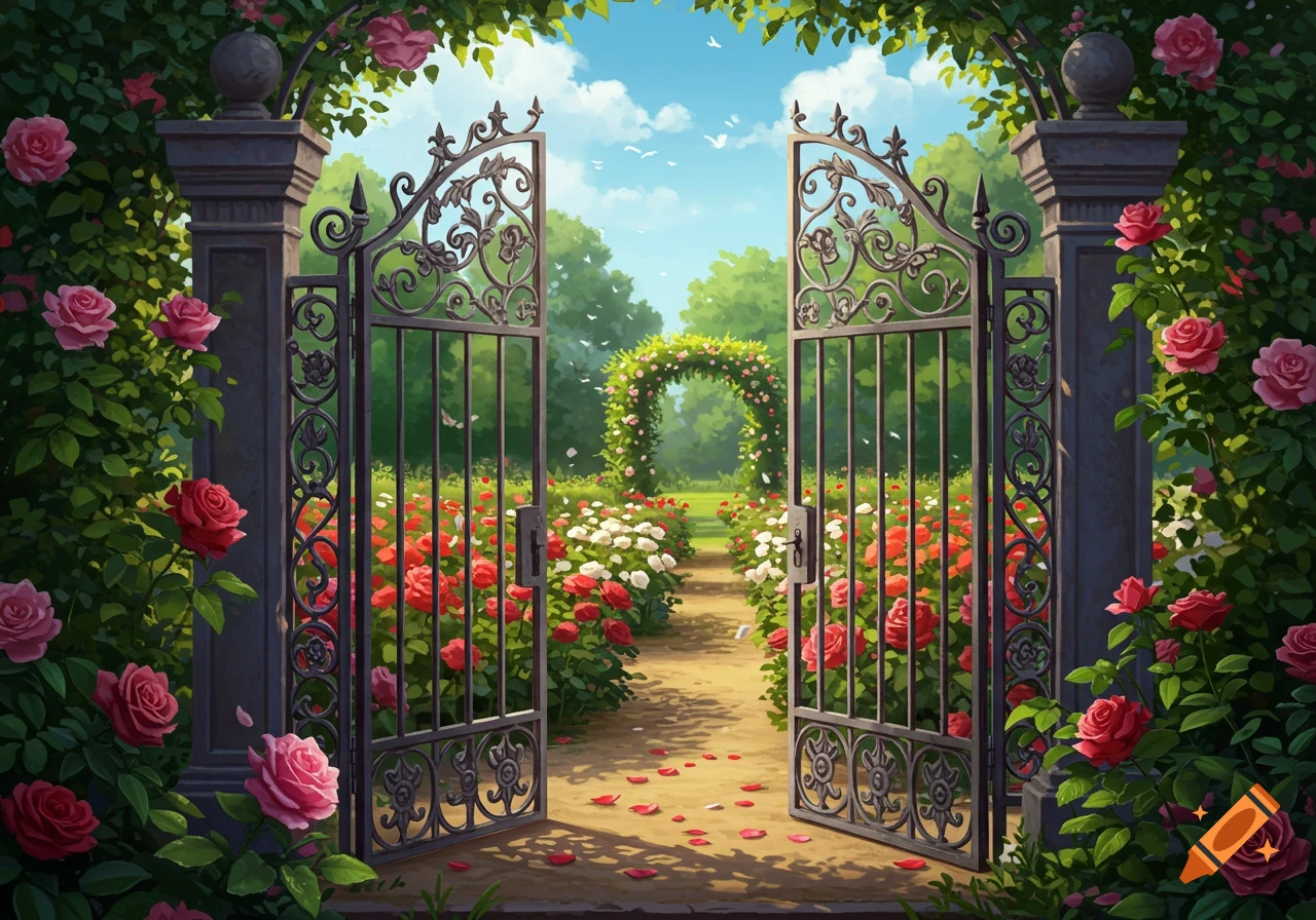 An ornate wrought iron gate opens to a vibrant rose garden path leading to a flowered arch under a blue sky, in an illustrative style.