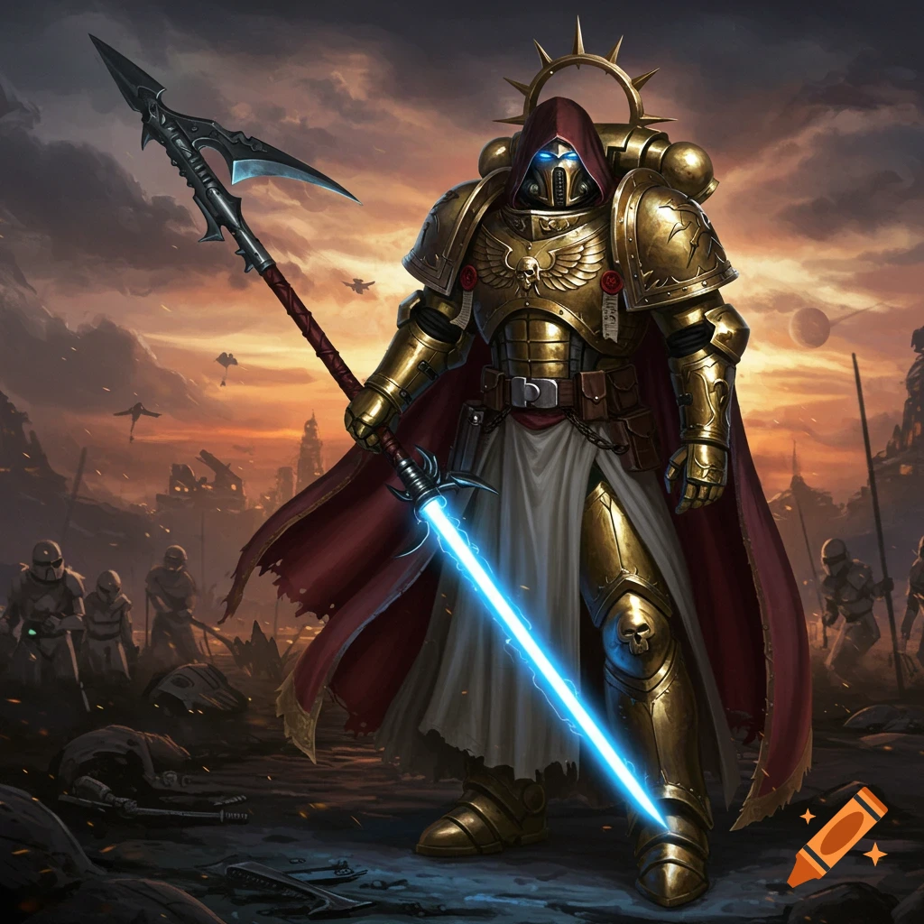 A golden armored warrior with a red cloak and hood stands in a war-torn landscape, wielding a polearm and a blue energy sword at sunset.