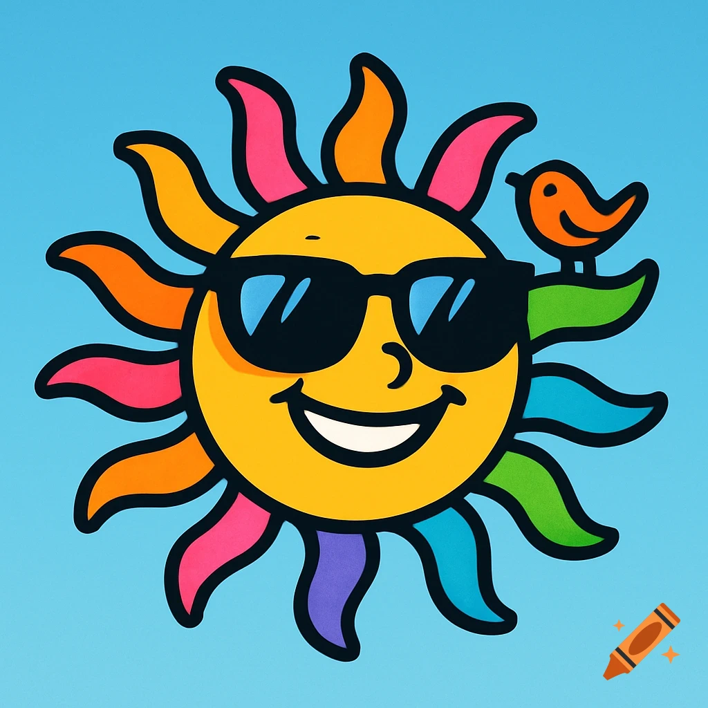 A vibrant, cheerful cartoon sun wearing sunglasses, with a small orange bird perched on one of its colorful rays.