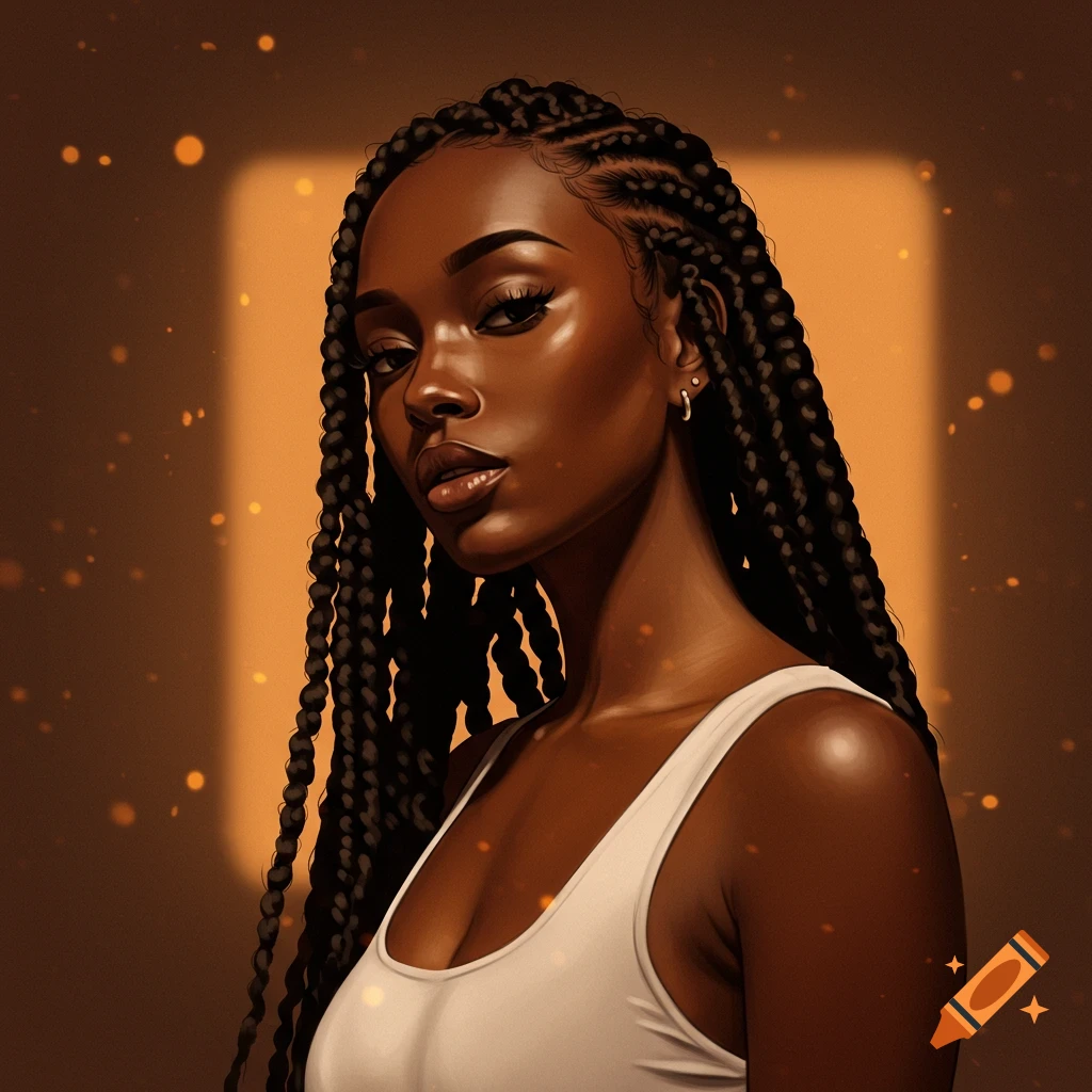 Digital art portrait of a young Black woman with long braids wearing a white tank top, bathed in warm light.