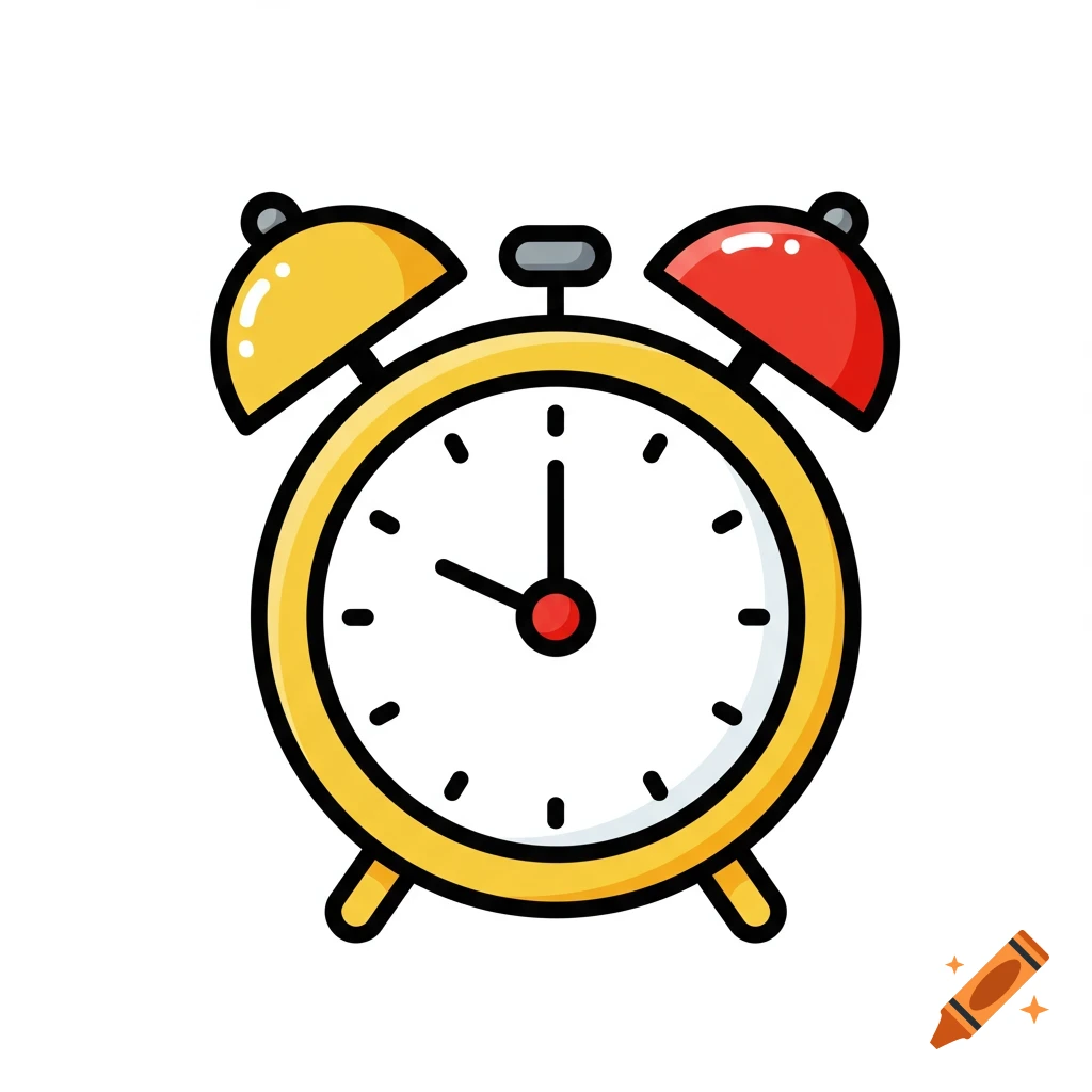 A flat cartoon illustration of a yellow alarm clock with red and yellow bells, with hands pointing to 2 o'clock.