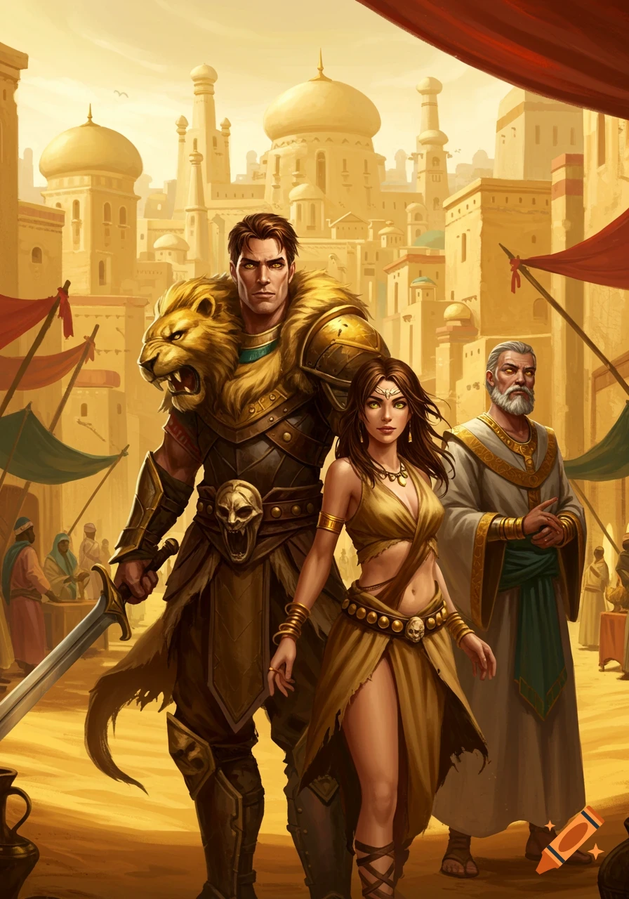 A muscular man in lion-hide armor, a woman in a desert outfit, and an old robed man stand in a detailed ancient desert city.