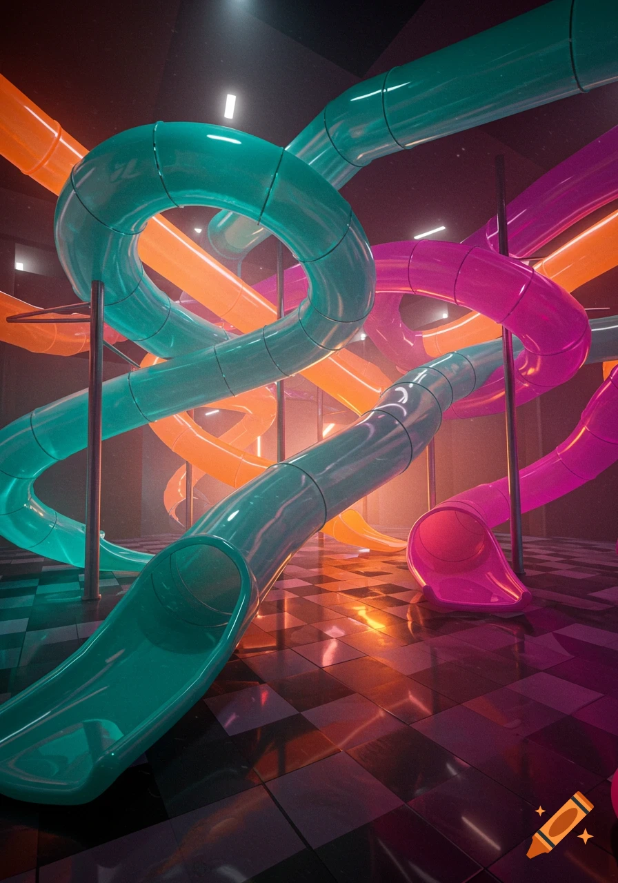 Numerous teal, orange, and pink water slides wind through a dark, reflective checkered room with glowing lights, creating a liminal atmosphere.