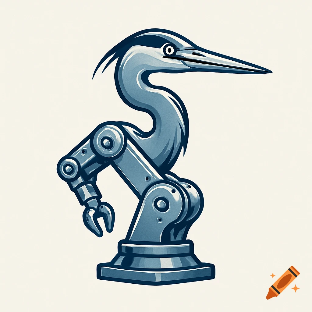 Stylized logo of a blue heron's head on a robotic arm and base, in metallic blues and grays.