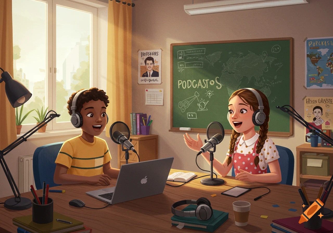 Cartoon illustration of two children podcasting at a desk with microphones, a laptop, and a blackboard in a bright room.