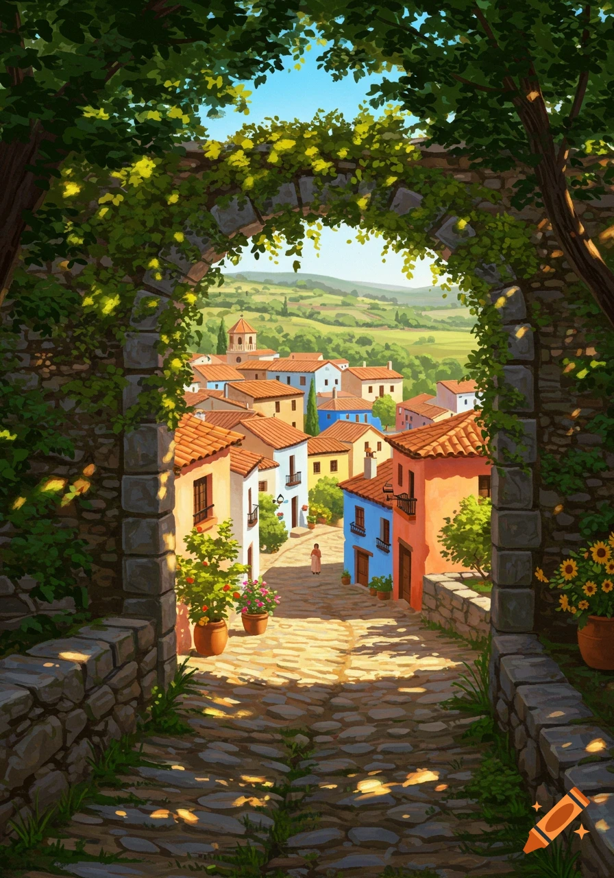 A colorful Spanish village with red-tiled roofs and bright houses, viewed through a vine-covered stone archway to a sunny landscape.