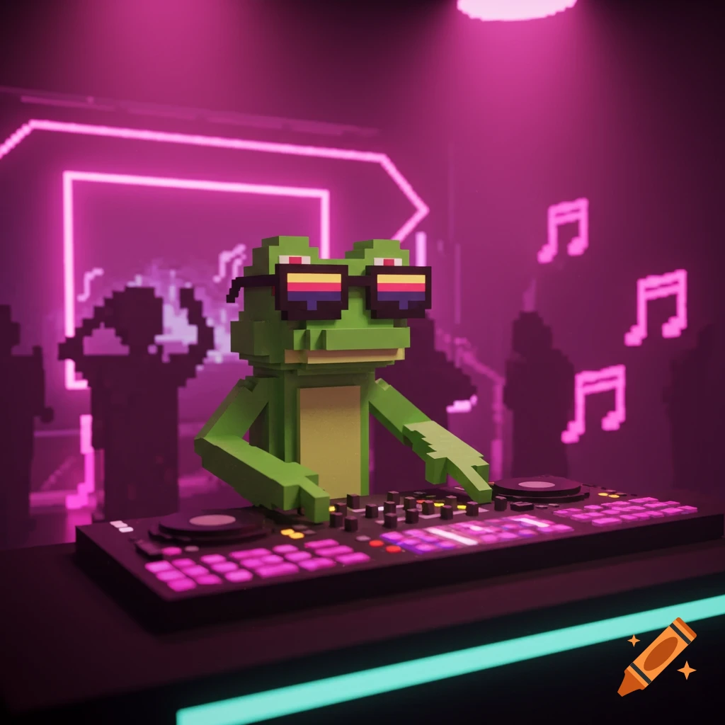 A pixel art frog DJ with sunglasses stands at a DJ booth in a futuristic nightclub with pink lights and floating musical notes.