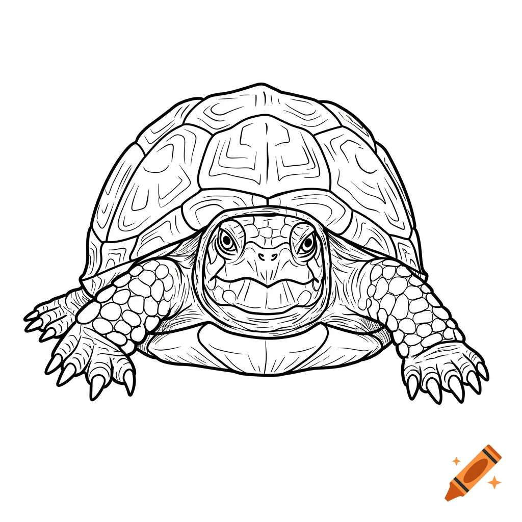 A black and white line drawing of a box turtle facing forward, with a stern expression.
