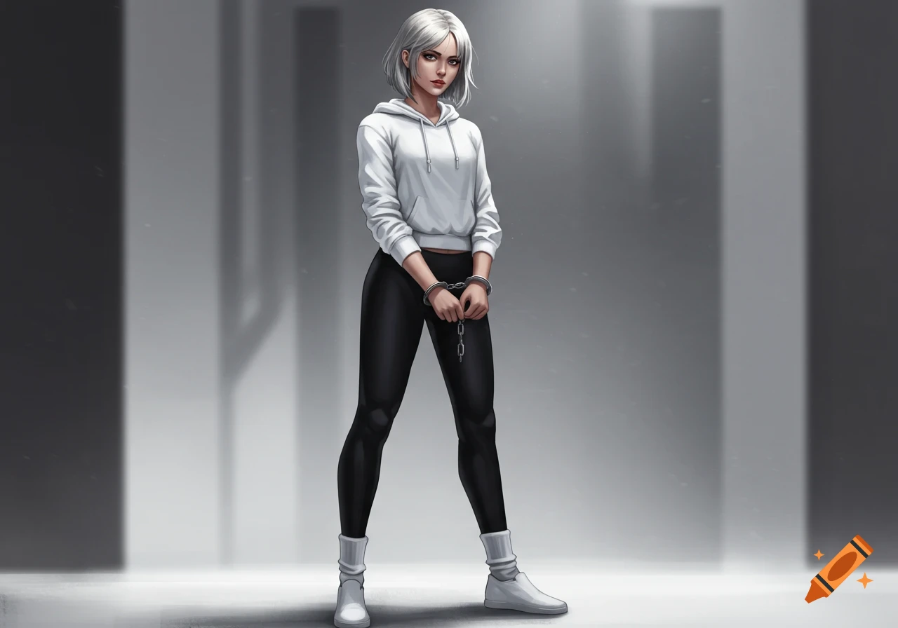 A digital painting of a young woman with short white hair, wearing a white hoodie, black leggings, white boots, and handcuffs, standing in a grey room.
