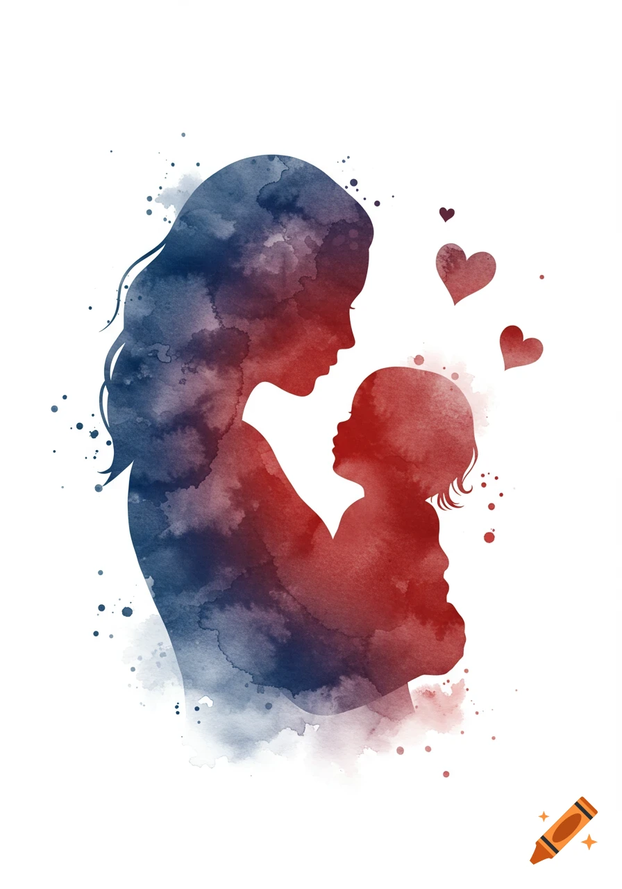 Watercolor illustration of a mother holding her child, silhouetted in blue and red tones, with small red hearts floating above a white background.