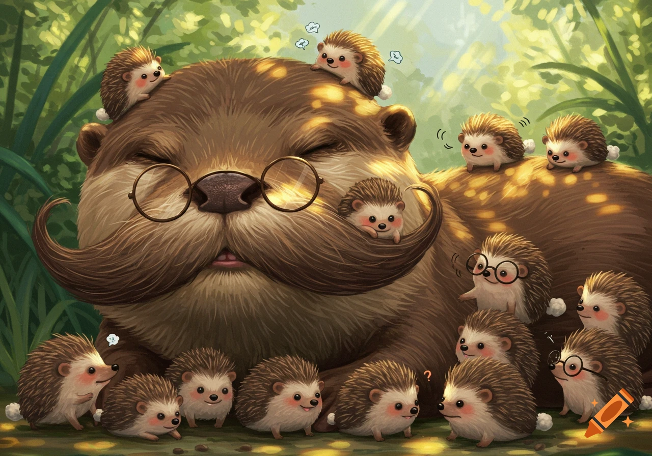 A giant sleepy otter with a handlebar mustache has many tiny, cute hedgehogs frolicking on its face and body in a sunlit forest clearing.