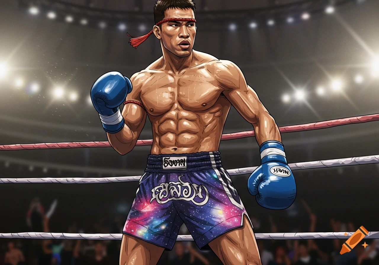 Muscular male Muay Thai fighter in celestial pattern shorts and blue boxing gloves stands in a ring, illustrated style.