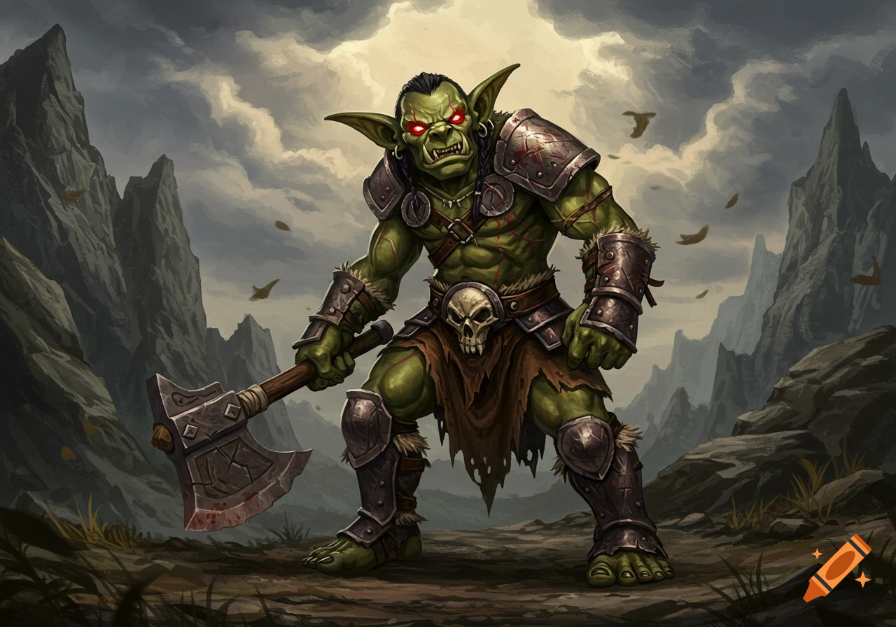A green-skinned goblin barbarian in armor with red eyes holds a bloodied axe in a rocky, cloudy landscape.