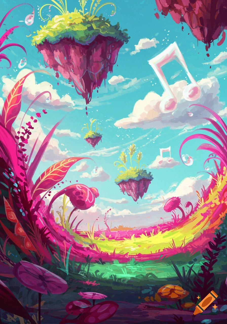 A whimsical, vibrant fantasy landscape with pink floating islands, glowing plants, and musical notes in a blue sky.