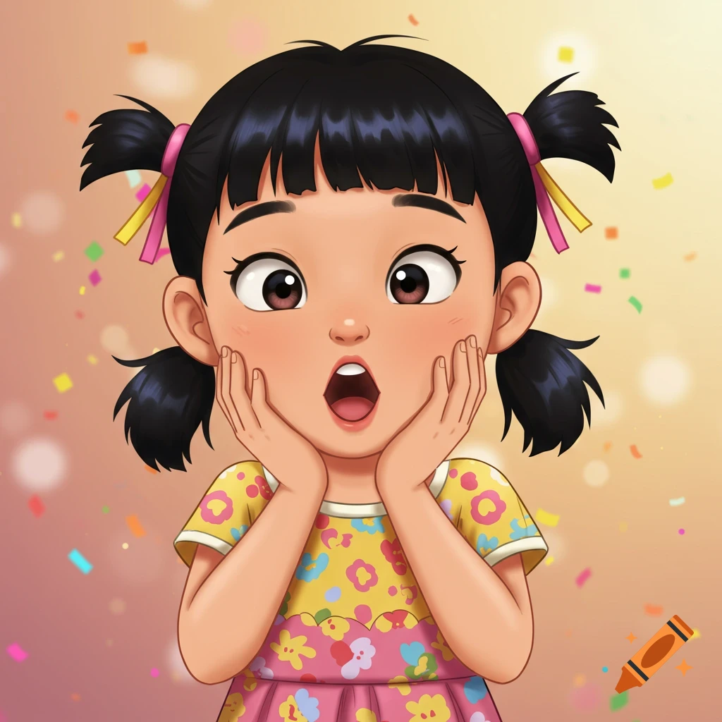 Cartoon illustration of a young Asian girl with black pigtails looking shocked, holding her face, with confetti falling around her.