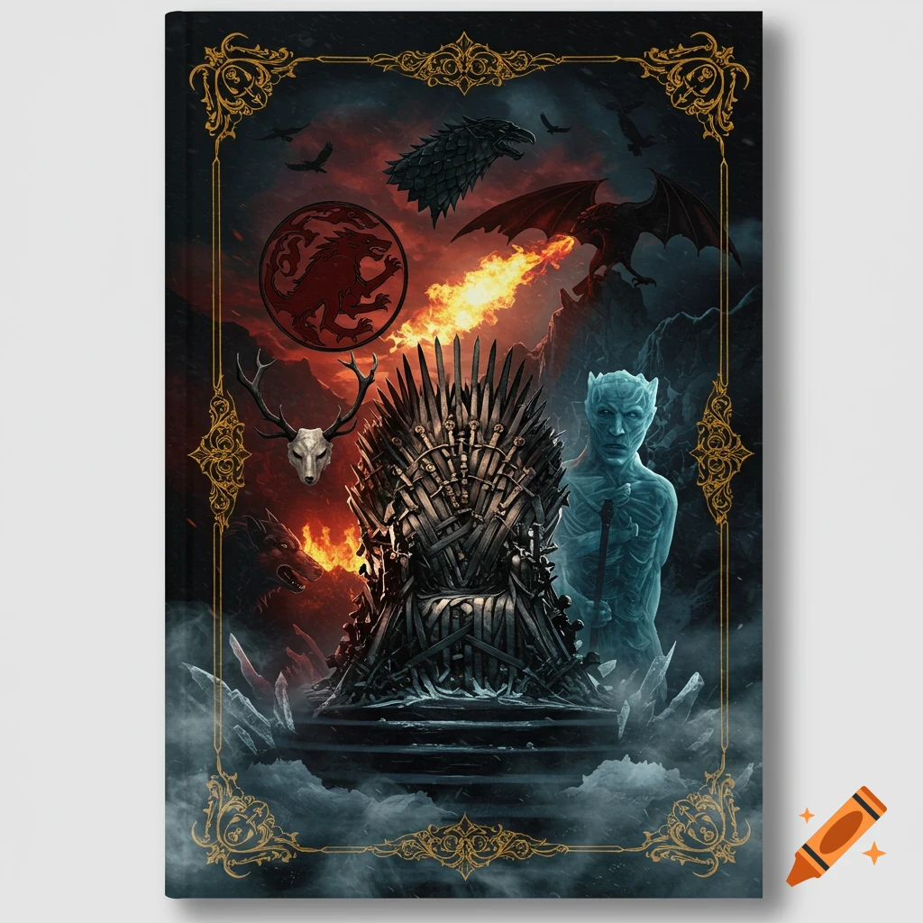 A vertical book cover design with a gold filigree frame, featuring the Iron Throne surrounded by Game of Thrones symbols.