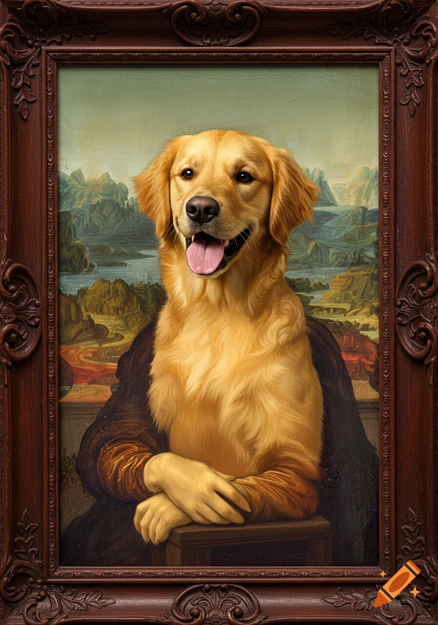 A Golden Retriever's head replacing Mona Lisa's, tongue slightly out, in a classical painting with a wooden frame.