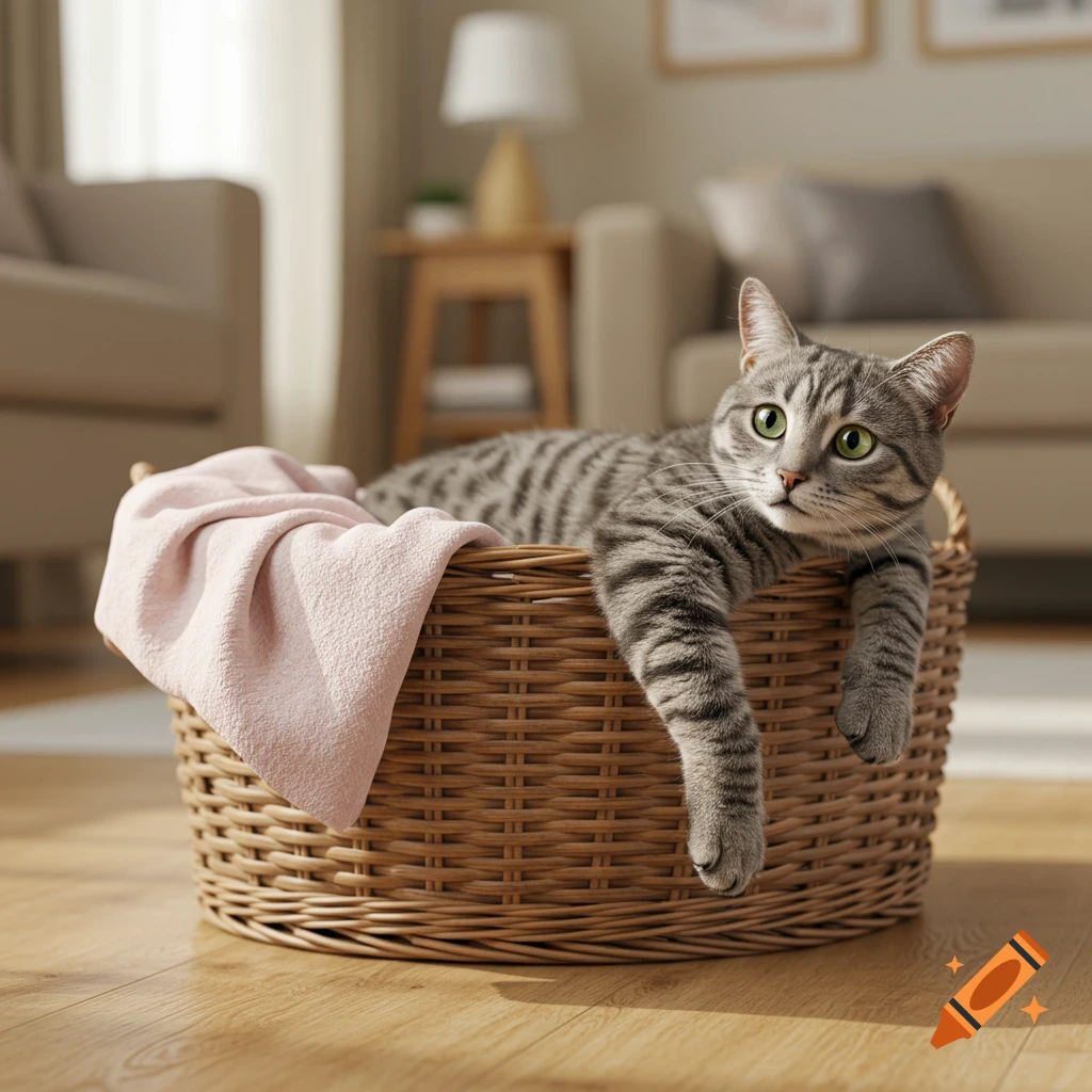 A gray tabby cat with green eyes relaxes in a wicker laundry basket with a pink cloth, in a sunlit room.