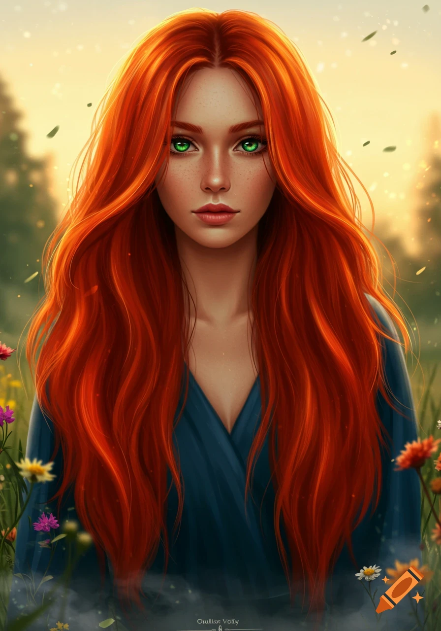Digital painting of a beautiful woman with long red hair and green eyes in a field of wildflowers.
