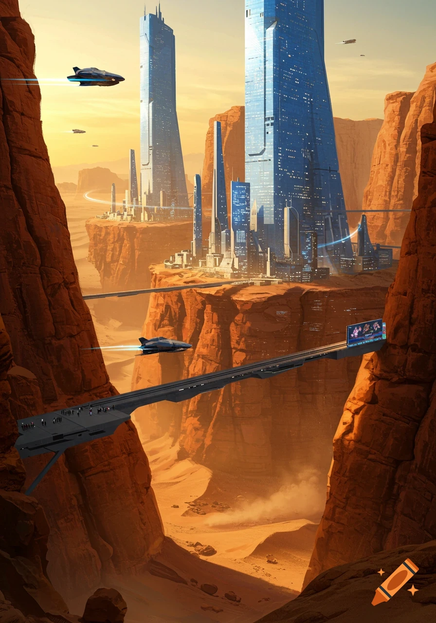 A futuristic city with tall blue skyscrapers nestled within a vast desert canyon, with flying vehicles and a long bridge connecting the rock formations.
