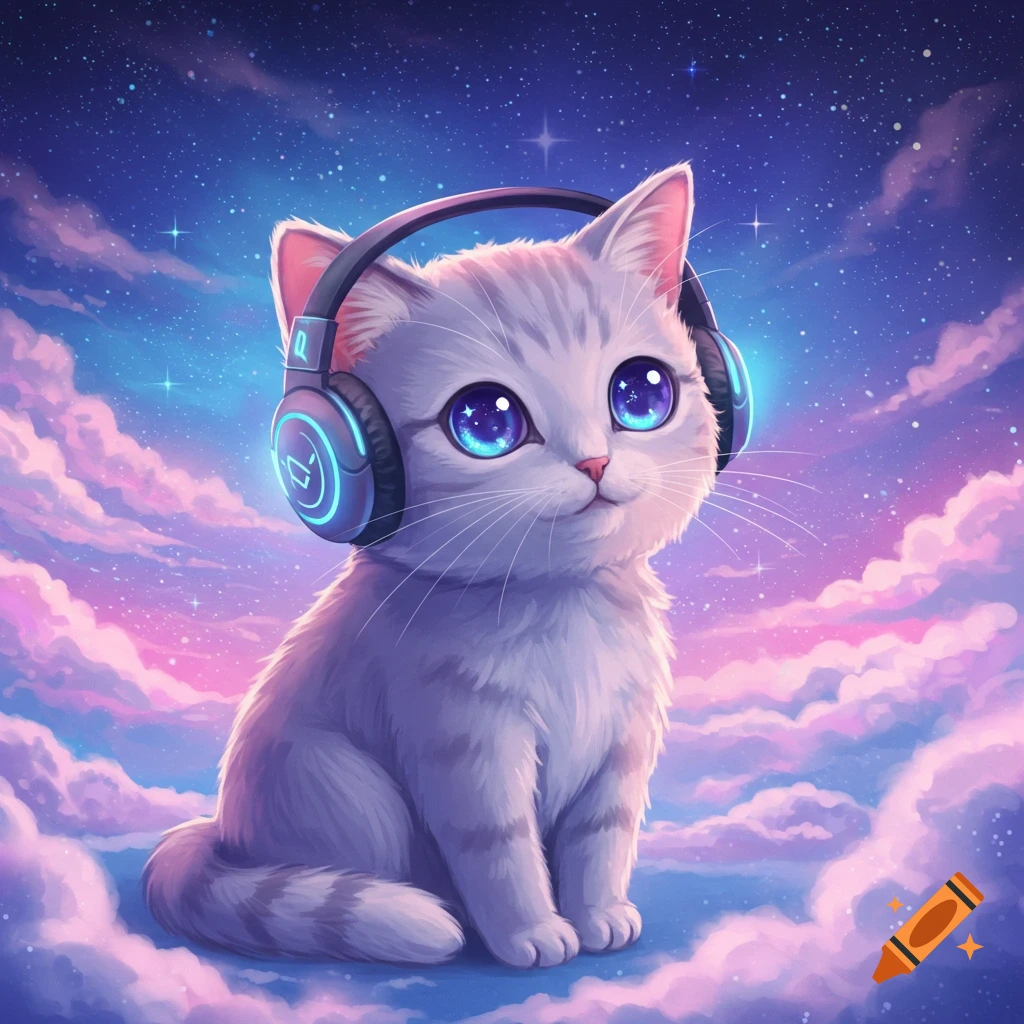 Cute anime cat with big blue eyes and grey fur wearing glowing gaming headphones, sitting on pink and purple clouds under a starry, cosmic sky.