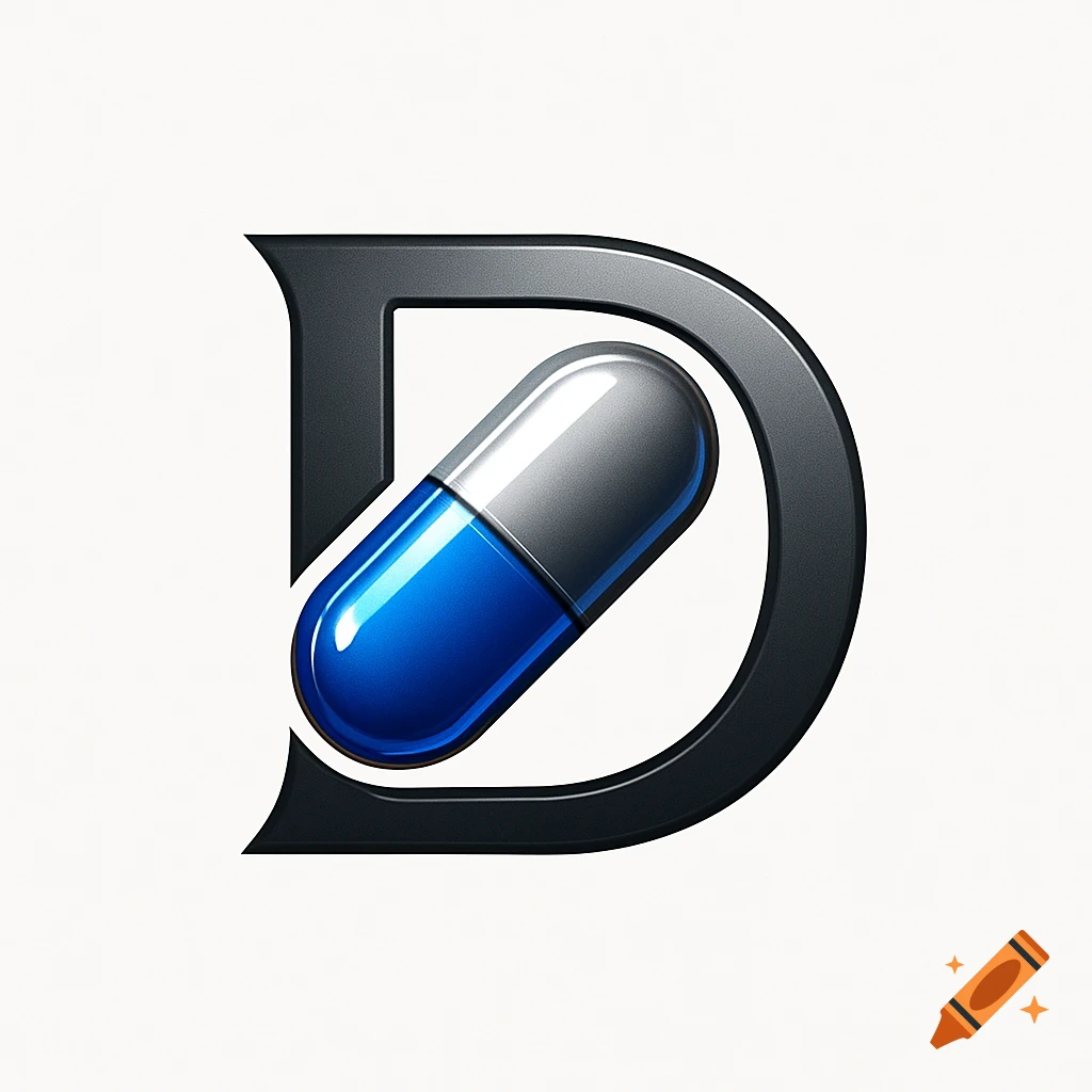 A stylized dark grey letter 'D' logo with a blue and silver capsule pill diagonally inside it on a white background.