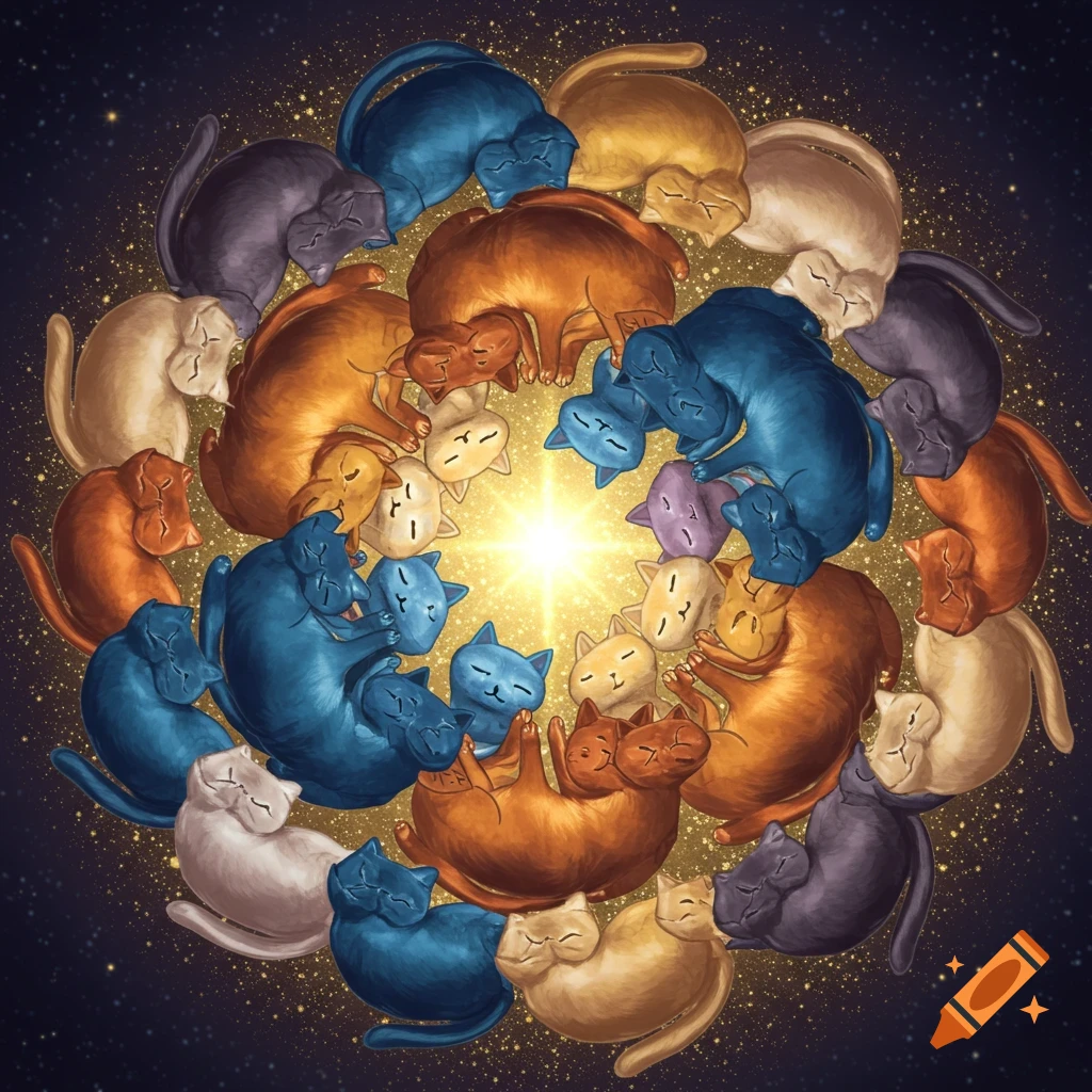 Stylized, colorful cats form a symmetrical mandala around a glowing center on a dark, starry background.