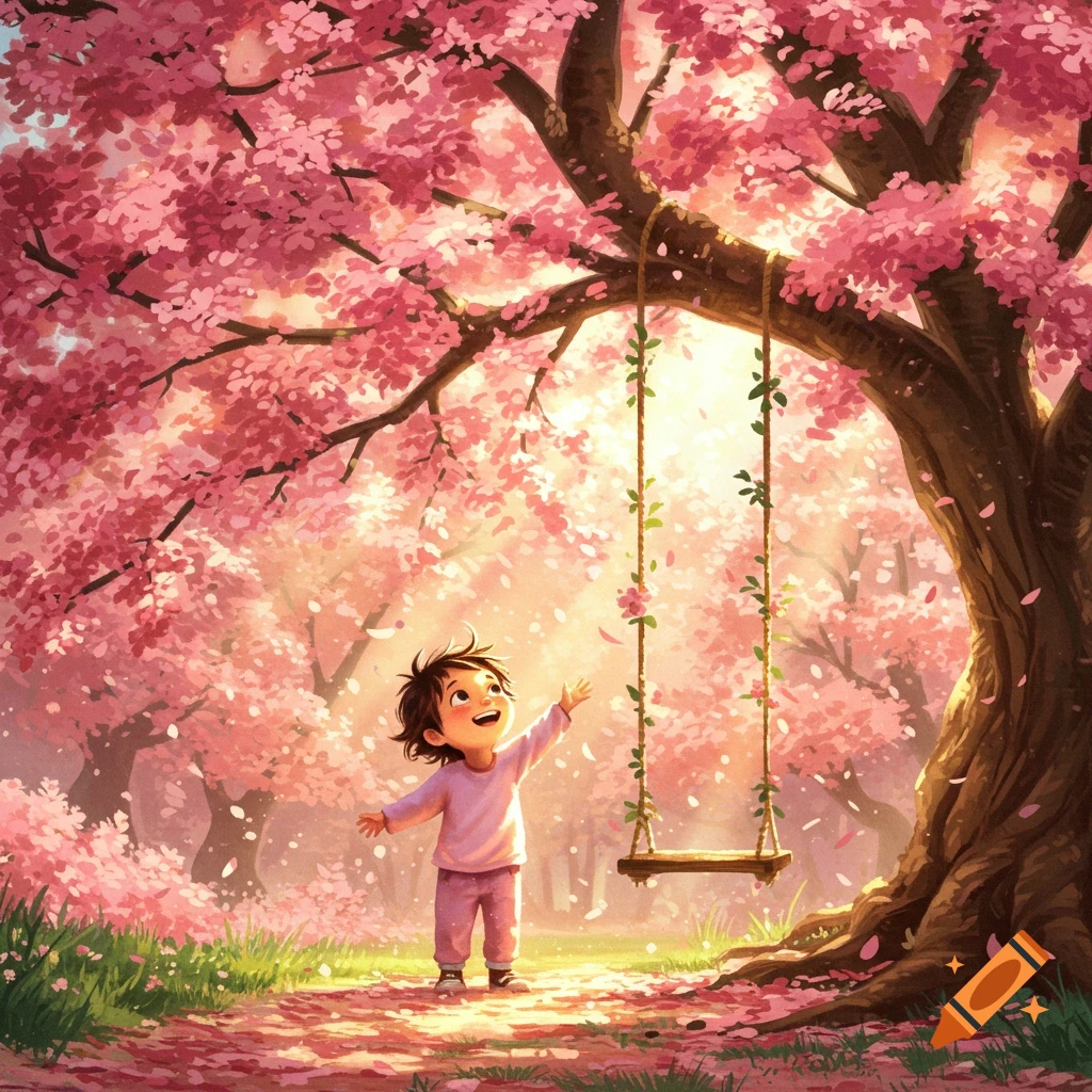 A stylized illustration of a child reaching up under a cherry blossom tree with a swing, surrounded by falling pink petals.