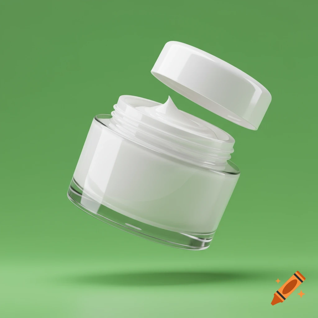 White cosmetic cream jar with an open lid floating above it, revealing cream inside, against a green background.