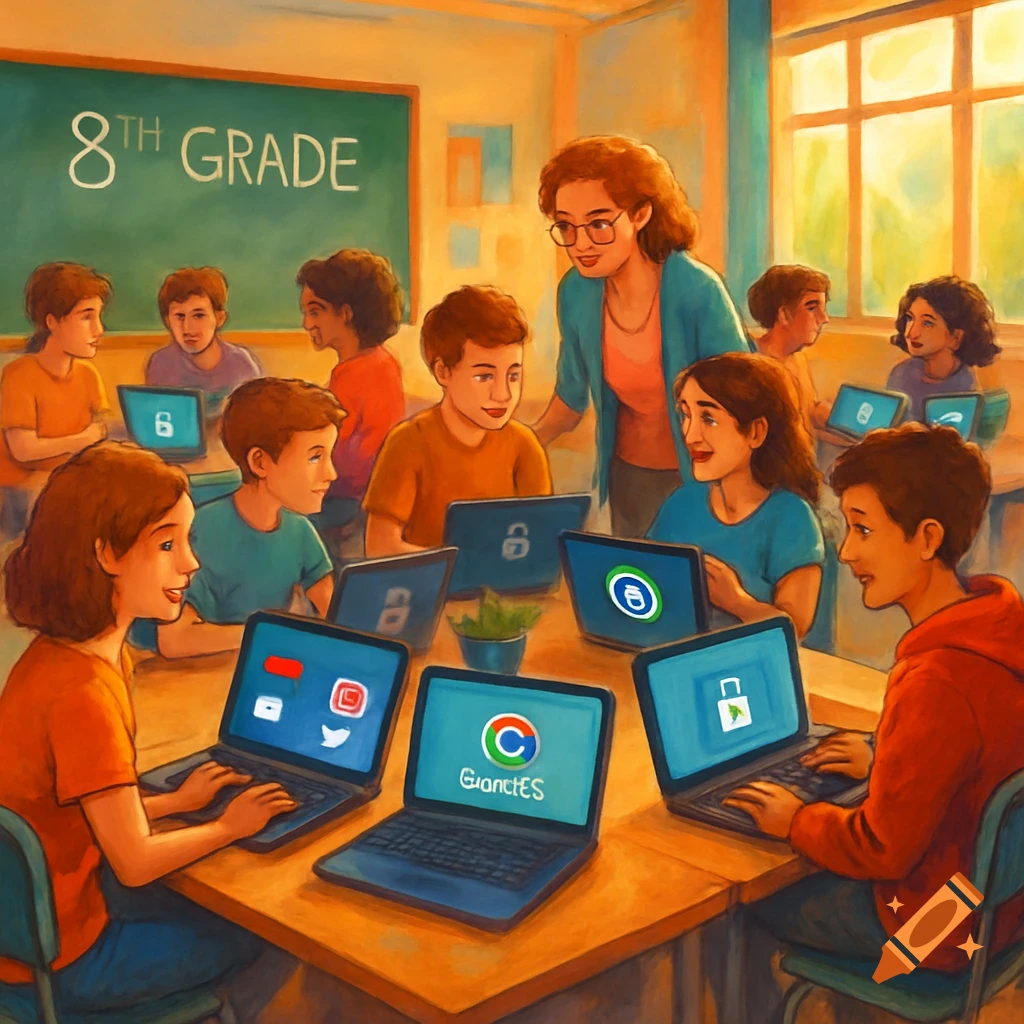 A teacher stands in a vibrant classroom with students sitting at desks, working on laptops displaying various app icons and security symbols. A chalkboard in the background reads "8TH GRADE."