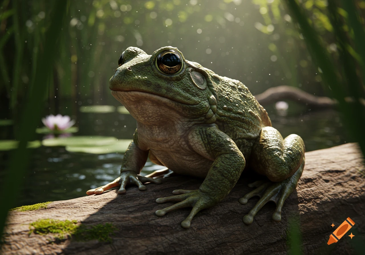 A detailed, realistic green frog sits on a mossy log by a pond with lily pads, bathed in dappled sunlight.