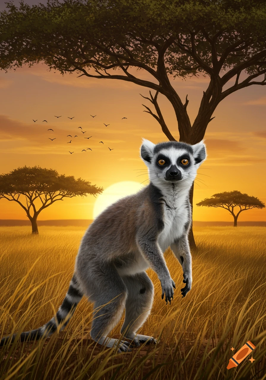 A ring-tailed lemur stands in a golden grassy savanna at sunset, with acacia trees and birds silhouetted against the sky.