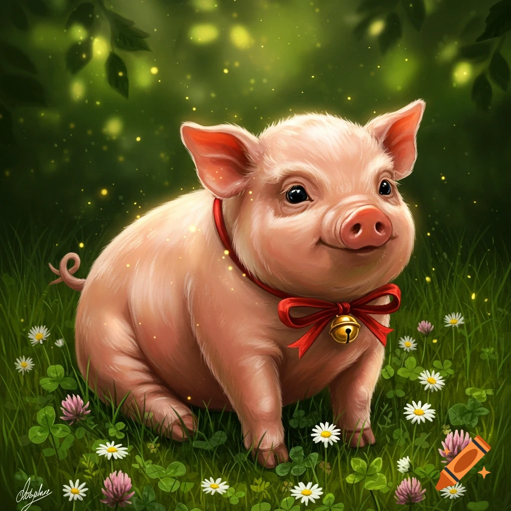 A cute, smiling piglet wearing a red collar with a bow and bell, sitting in a whimsical grassy meadow with white and pink flowers and glowing lights.