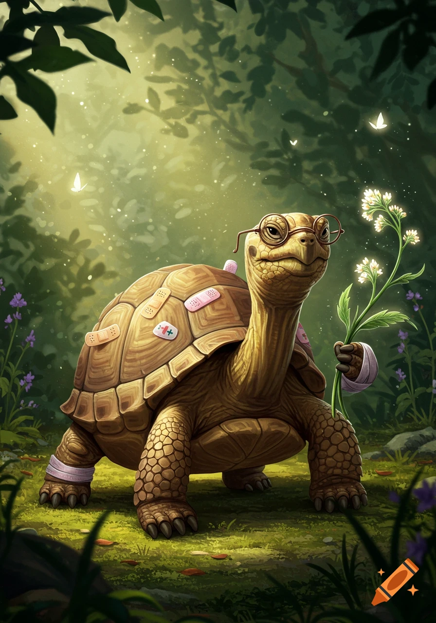 A cartoonish turtle wearing glasses and bandages on its shell and leg, holding a white flower, smiles in a magical forest.