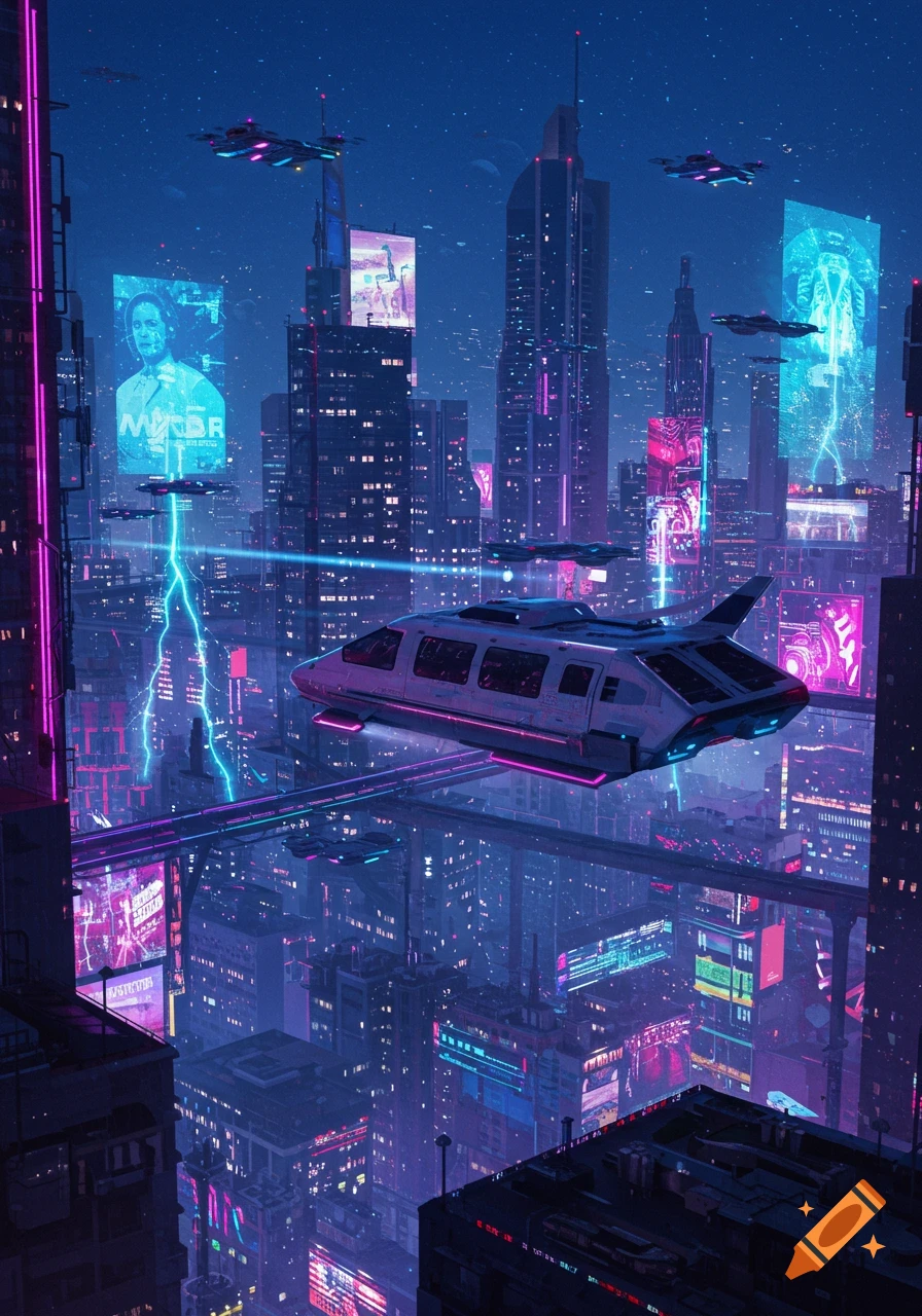 A vibrant, neon-lit futuristic cityscape at night, with towering skyscrapers, flying vehicles, and glowing digital billboards.