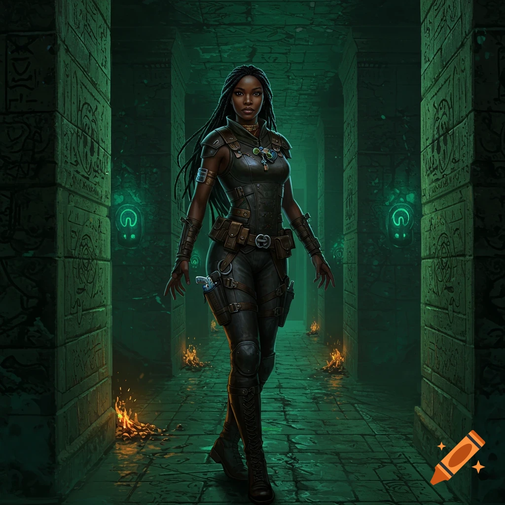 A dark-skinned female treasure hunter with braids, wearing tight leather armor with gadgets, walks through a glowing green, ancient labyrinth with hieroglyphs and small fires on the floor.