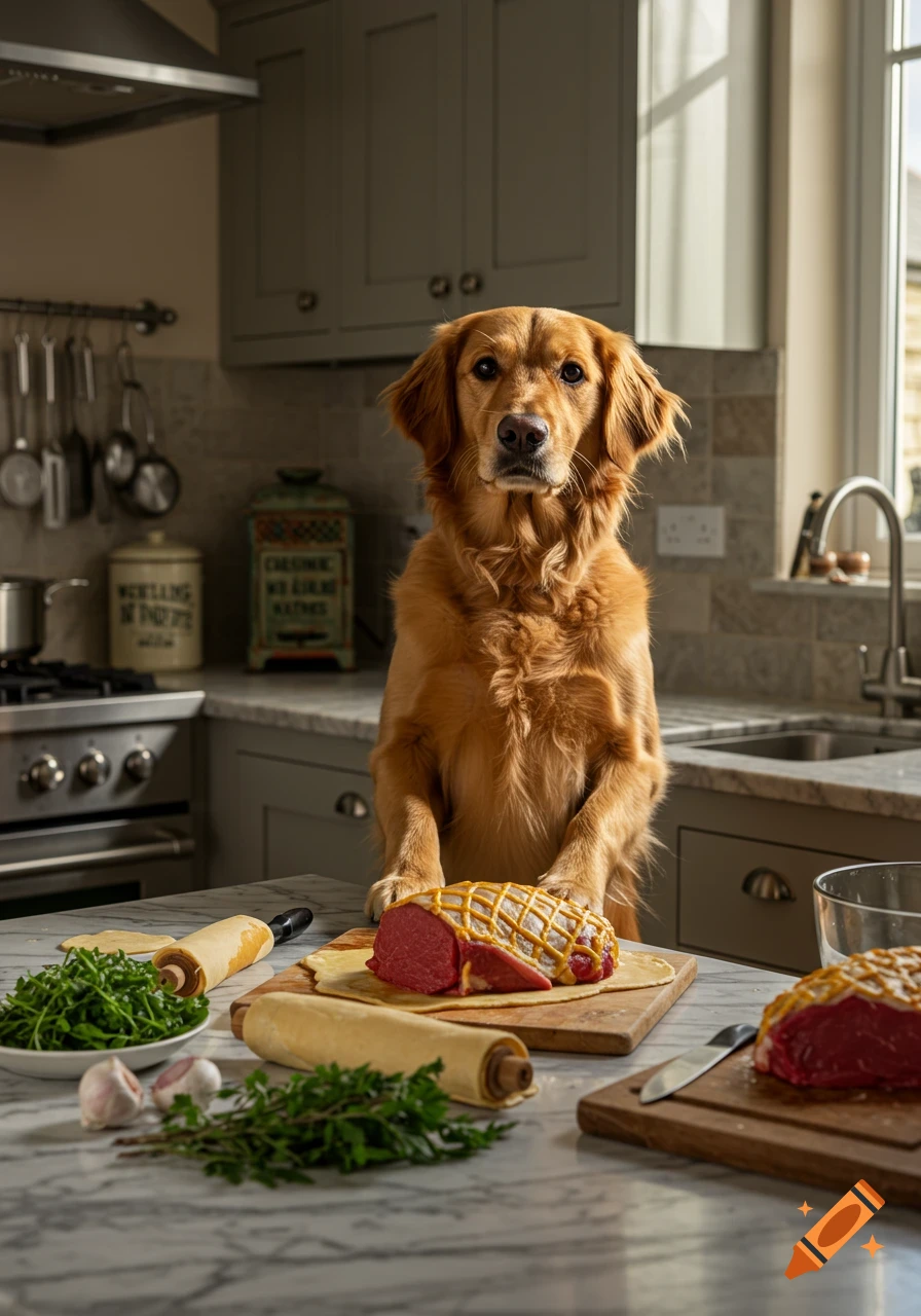 A golden retriever stands in a kitchen with its paws on a counter, looking at a beef wellington. Ingredients are on the marble counter.