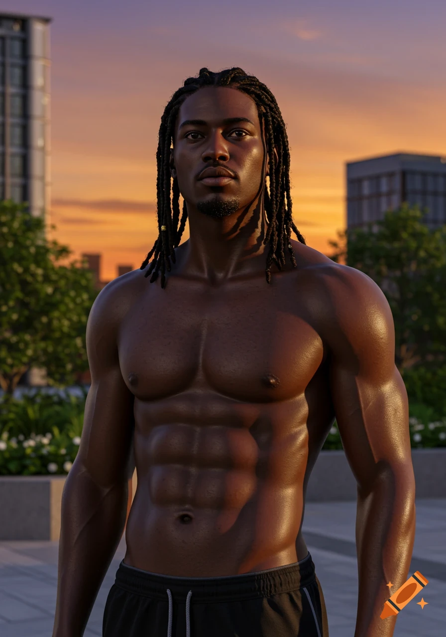 Photorealistic portrait of a muscular Black man with braids, shirtless, against a sunset city background.
