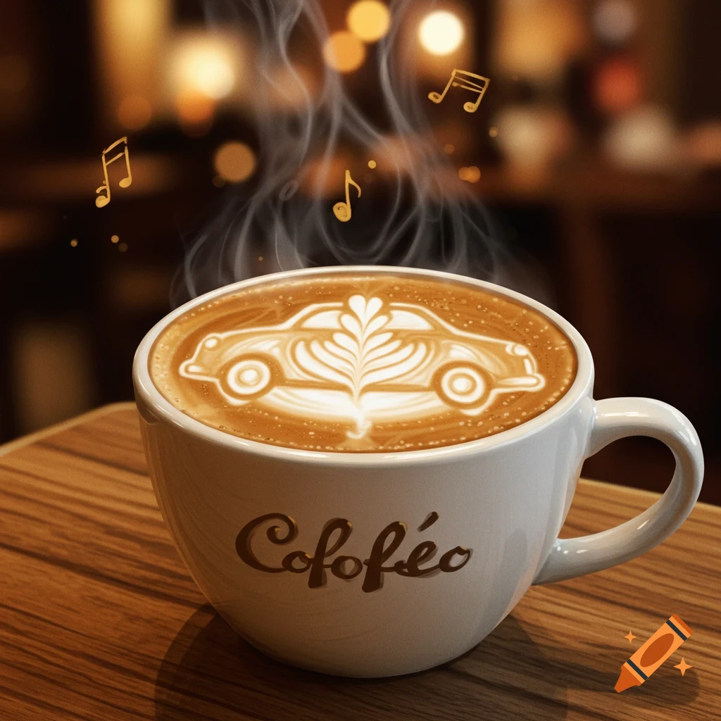 A steaming cup of latte with a detailed car design in the foam, accompanied by musical notes, on a wooden table.