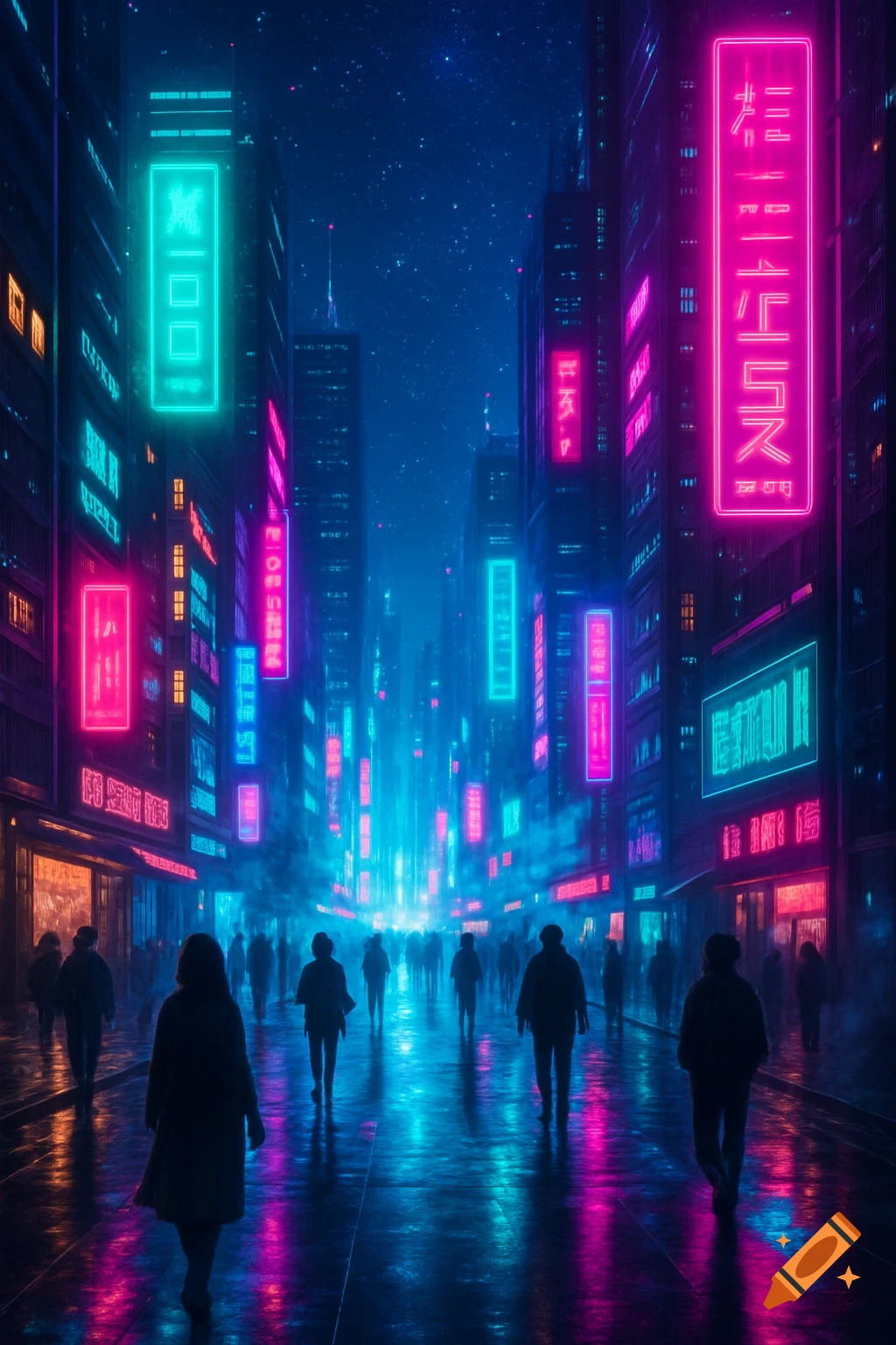 A vibrant futuristic neon city street at night with glowing pink, blue, and teal signs illuminating the wet ground as silhouetted people walk.