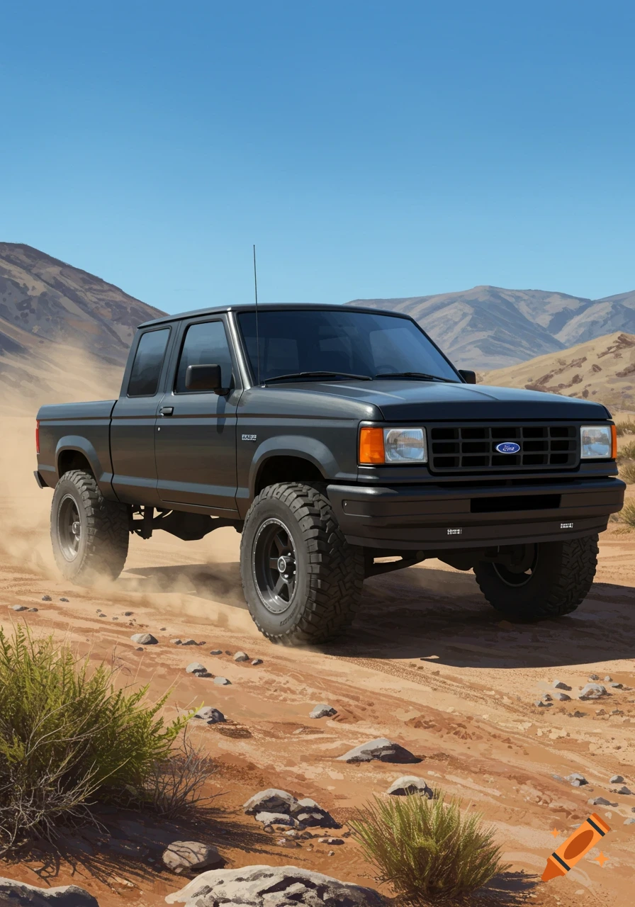 A matte-black 1990 Ford Ranger extended cab truck with off-road tires drives on a dusty desert road.