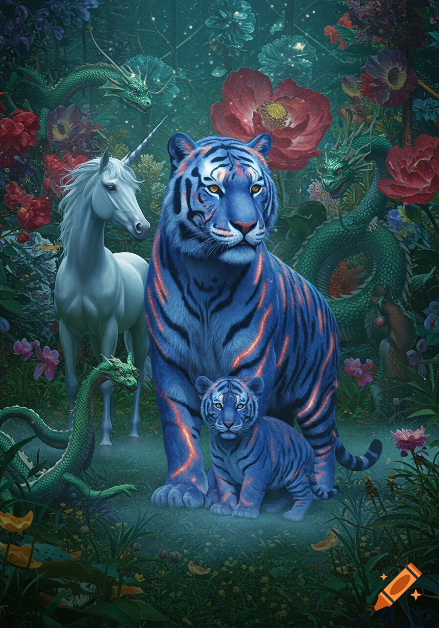 A blue tiger and its cub with orange stripes, a white unicorn, and green dragons in a vibrant, dream-like forest.