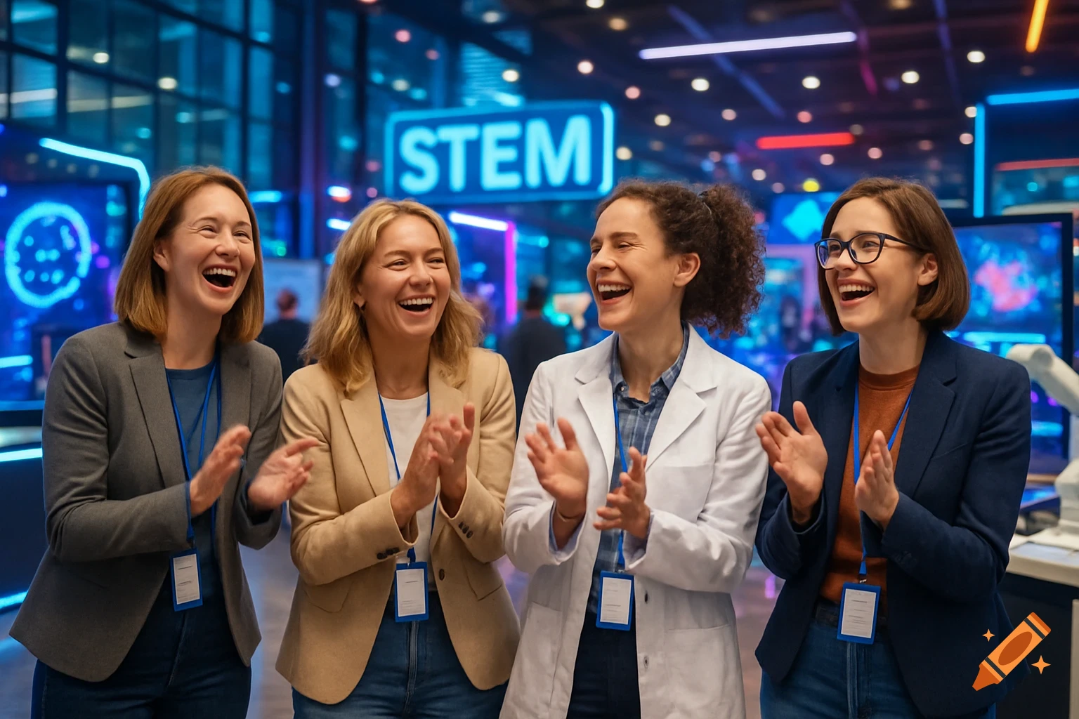 Four diverse women in casual professional attire, including a lab coat, laugh and clap at a high-tech STEM convention with glowing displays.