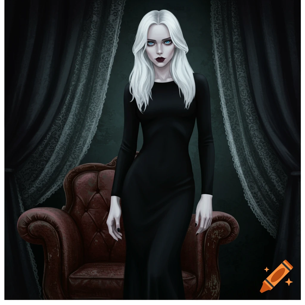 Digital illustration of a pale woman with long white hair, dark lips, and a black dress, standing in a dark, gothic room with an armchair.
