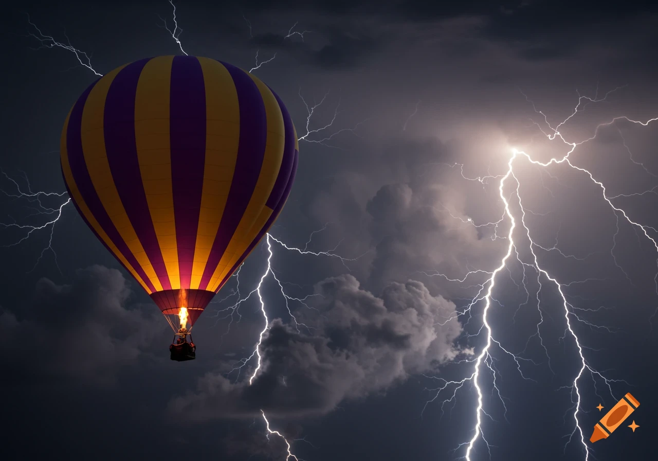 Purple and yellow hot air balloon flying through a dark lightning storm with grey clouds, oil pastel style.