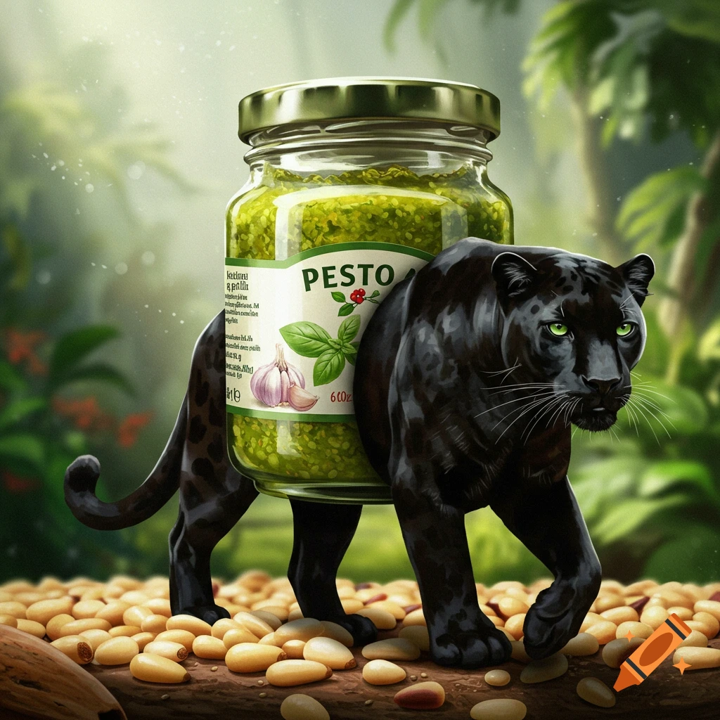 A black panther hybrid with a large jar of pesto sauce on its back, walking through a jungle on a path covered in pine nuts.