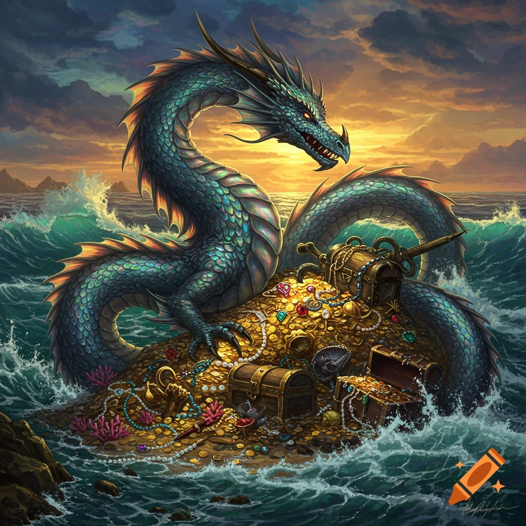 A majestic teal dragon guards a pile of gold treasure on a rocky island in a stormy sunset ocean, painting style.
