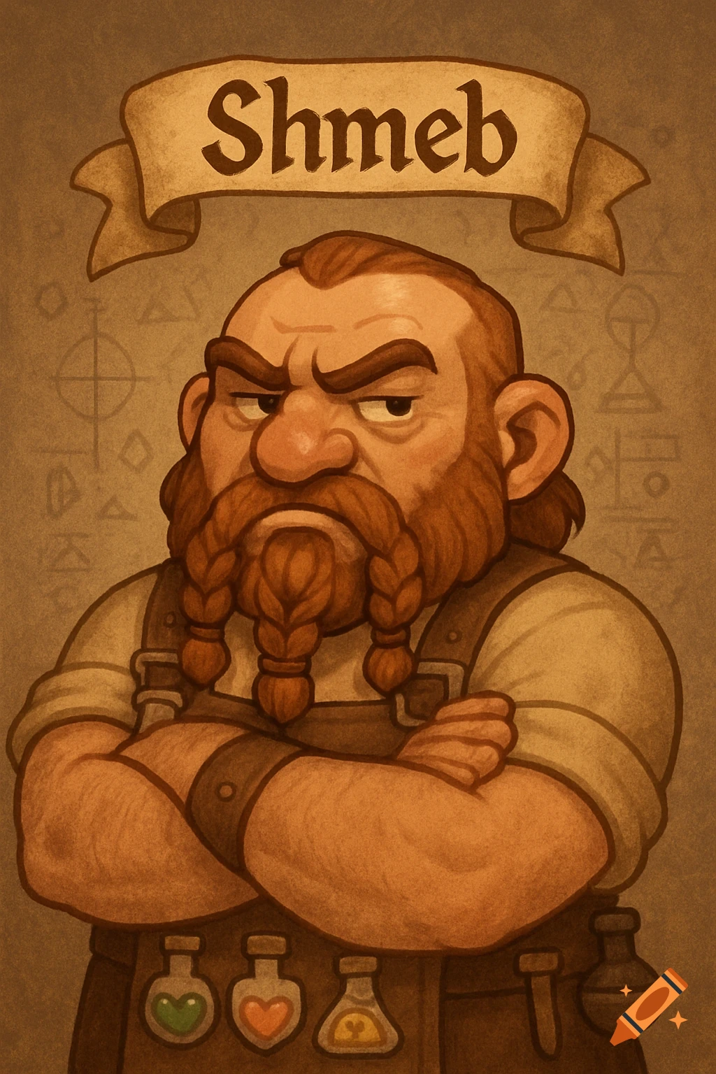 Illustration of a grumpy, bearded dwarf alchemist with braided beard and crossed arms, with a banner reading 'Shmeb' above his head.