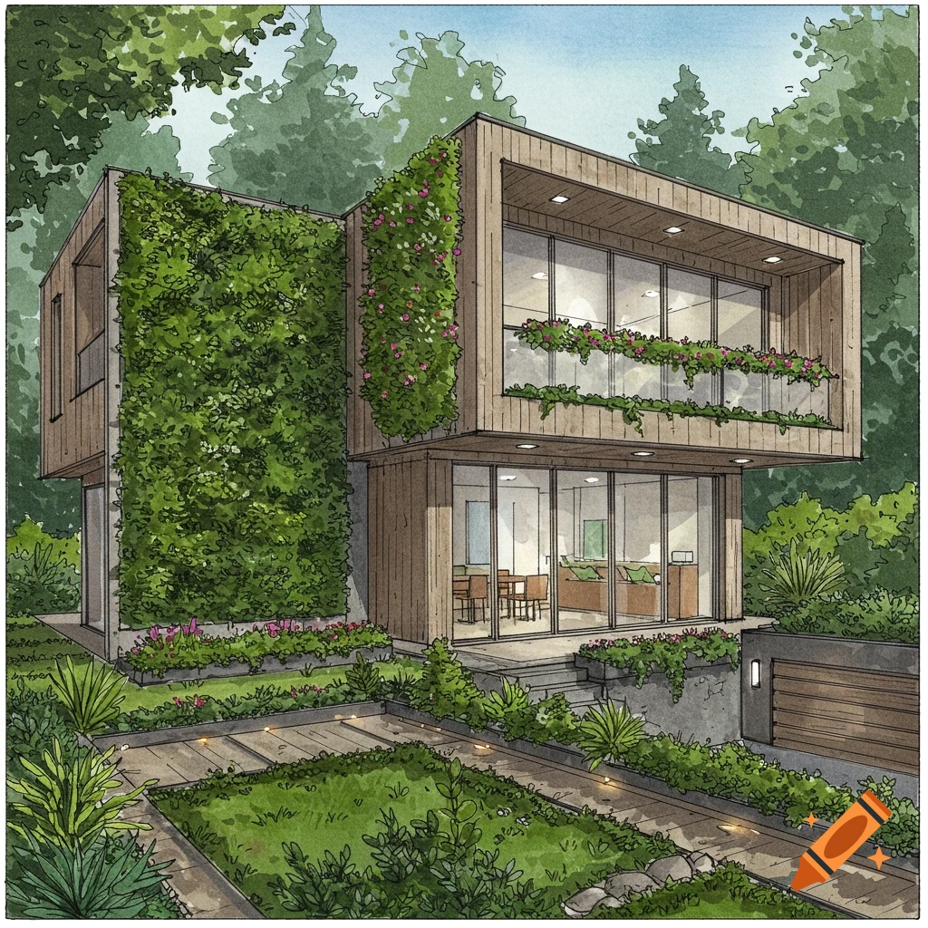Detailed sketch of a modern two-story biophilic home with green walls and lush landscaping.